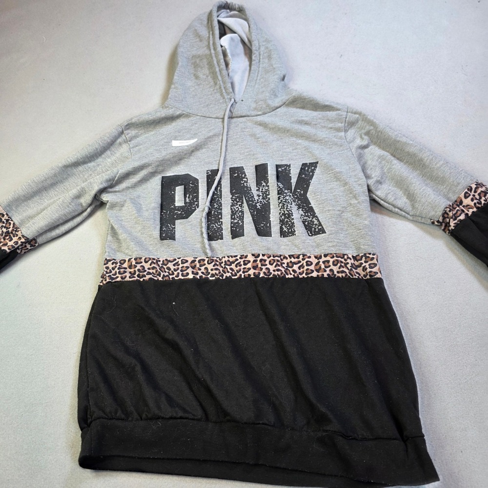 Ziranmei PINK Distressed Leopard Colorblock Hoodie Grey Black Graphic Sweatshirt